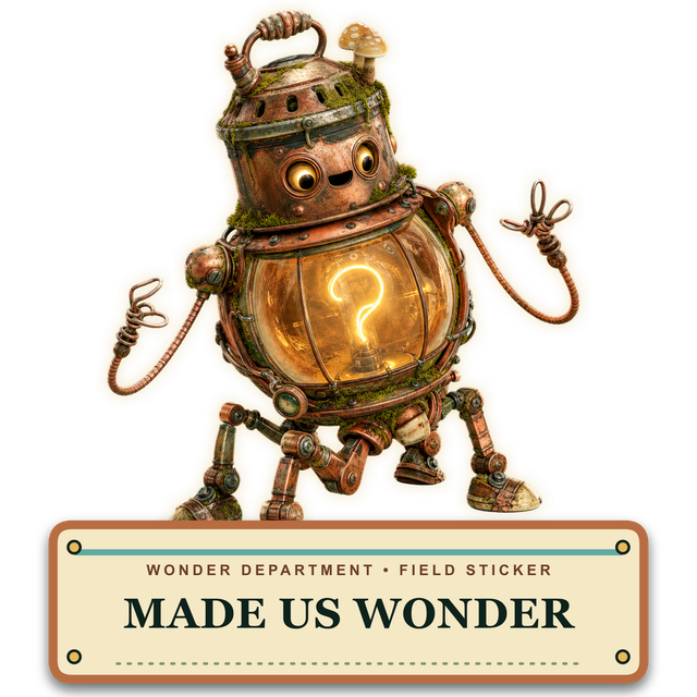 Made Us Wonder field sticker: a copper question-machine on articulated legs.